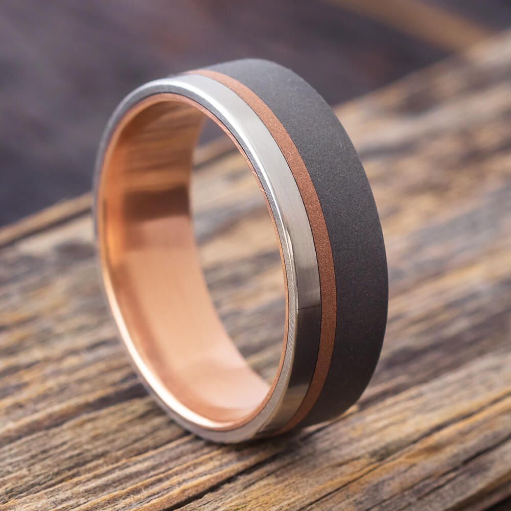 Rose Gold Men Tungsten Ring Black Carbon Fiber Inlay Male Wedding Band  Beveled 8MM Size 5 to 15 His Anniversary Gift Idea Male Engagement